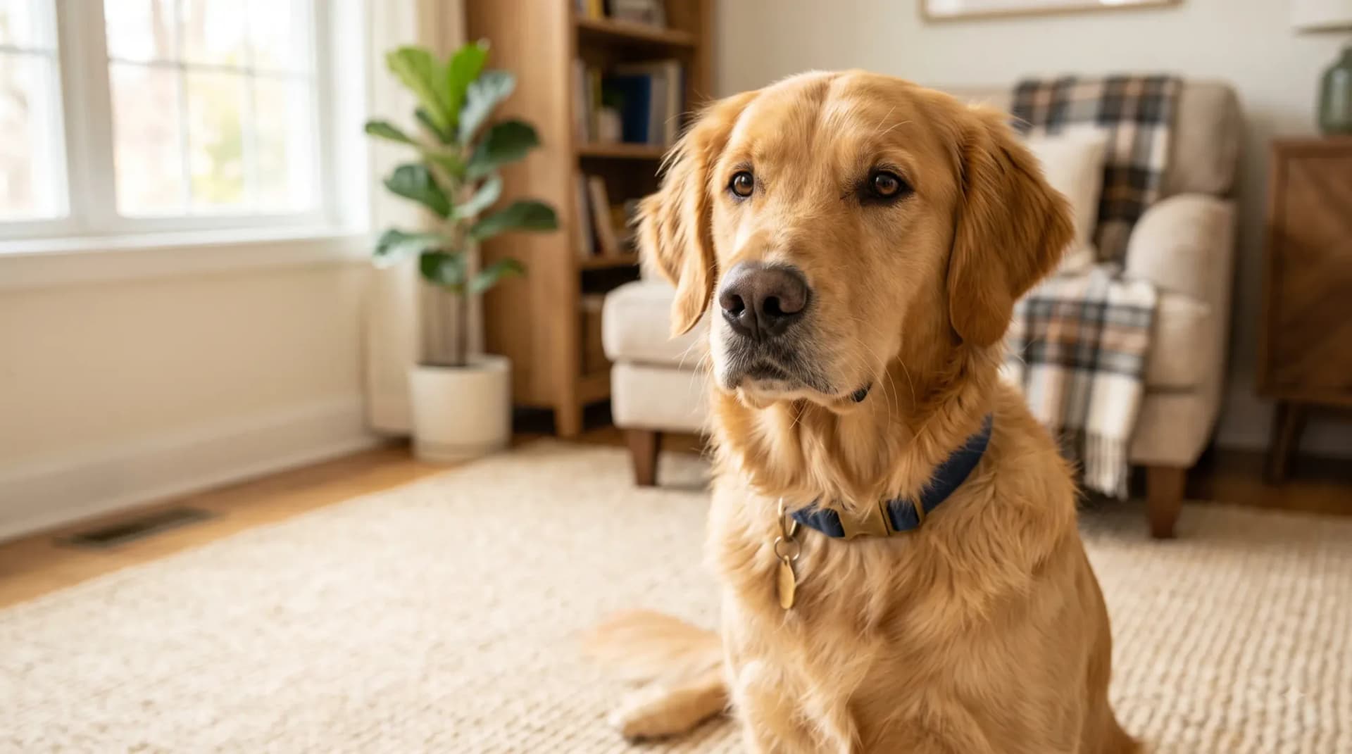 An adult Golden Retriever dog with a dark blue collar and gold tag, sitting patiently on a woven rug in a brightly lit, cozy living room. In the background, a large window, a potted fiddle leaf fig plant, and a filled bookshelf are visible, with an armchair and plaid blanket to the right.